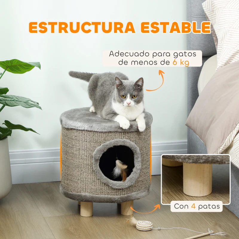 PawHut Casa para Gatos 3 en 1 Taburete Reposapiés Cama para Gatos con Rascador Patas de Madera Pluma 36x36x38 cm Gris
