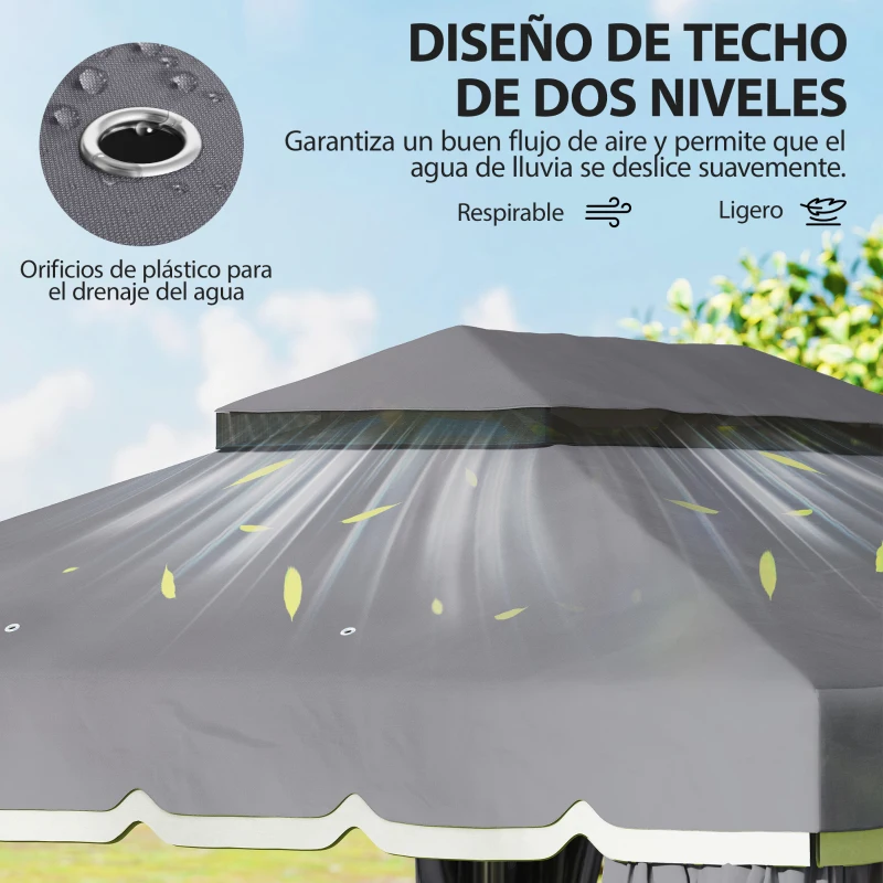 Outsunny Cenador de Jardín 4x3m Pabellón de Jardín Gazebo con Doble Techo 4 Cortinas y Mosquitera Marco de Aluminio UPF50+ Gris