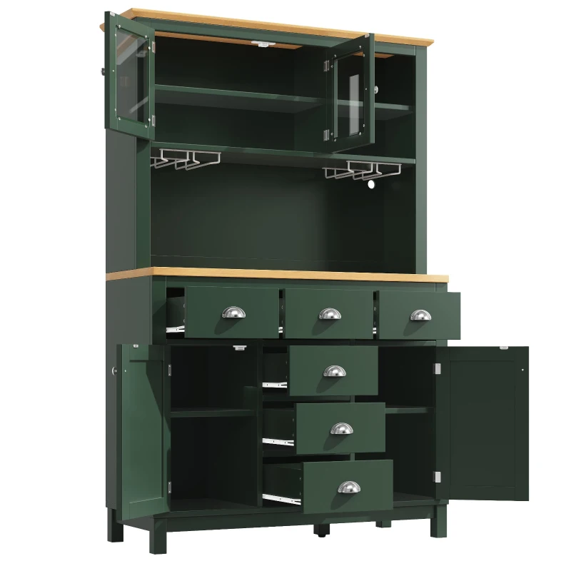 Farmhouse Style Sideboard with Spacious Shelves and Drawers, Versatile Storage Cabinet with Drink Holders, 104L x 40W x 180H cm, Green
