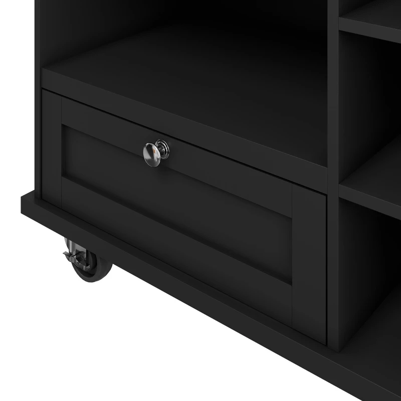 Modern Dining Trolley with Drawers, Cupboards and Open Shelving, Mobile Kitchen Cart with Wooden Worktop, 129L x 46W x 92H cm, Black