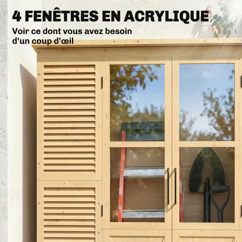Outsunny Armoire de Jardin, 4 Fenêtres, 6 Étagères, Toit en Asphalte Hydrofuge, Ventilation à Persiennes, 147x68x198cm, Naturel