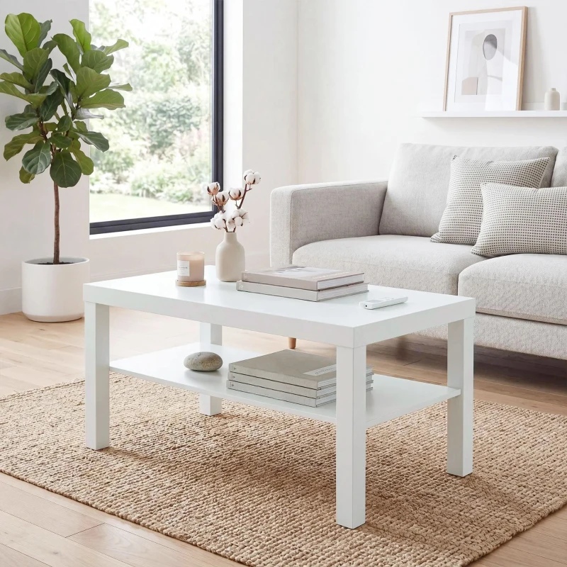HOMCOM Masă de cafea pentru living, măsuță dreptunghiulară în 2 nivele cu raft de depozitare, 90x45x44,5cm, alb