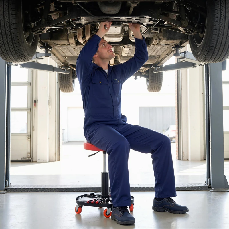 HOMCOM Rolling Mechanical Stool, Pneumatic Adjustable Workshop Stool with Tool Tray, Wheels - Orange