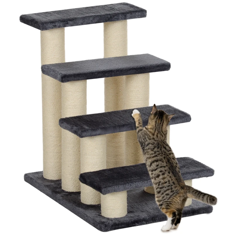 PawHut Katzentreppe 4-stufige Haustiertreppe 59 cm hoch Hundetreppe für Katzen aller Größen Hunderampe Einstiegshilfe für Bett, Sofa, Couch Grau
