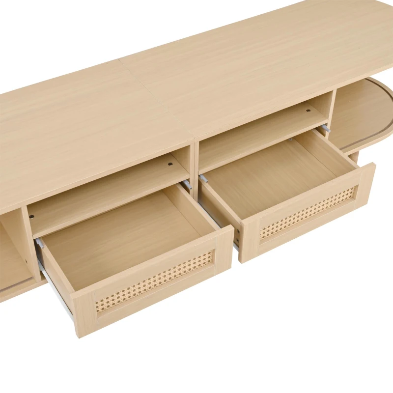 Modern TV Stand with 2 Drawers, 2 Sliding Doors & 8 Solid Wood Legs, Versatile Cabinet with Rounded Corners, 170L x 40W x 40H cm, Oak