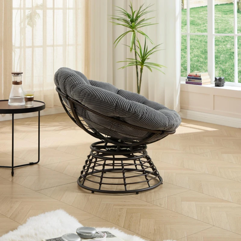 Poltrona Papasan, girevole a 360°, cuscino spesso(tessuto a coste), struttura in acciaio, 92x92x67 cm, Grigio