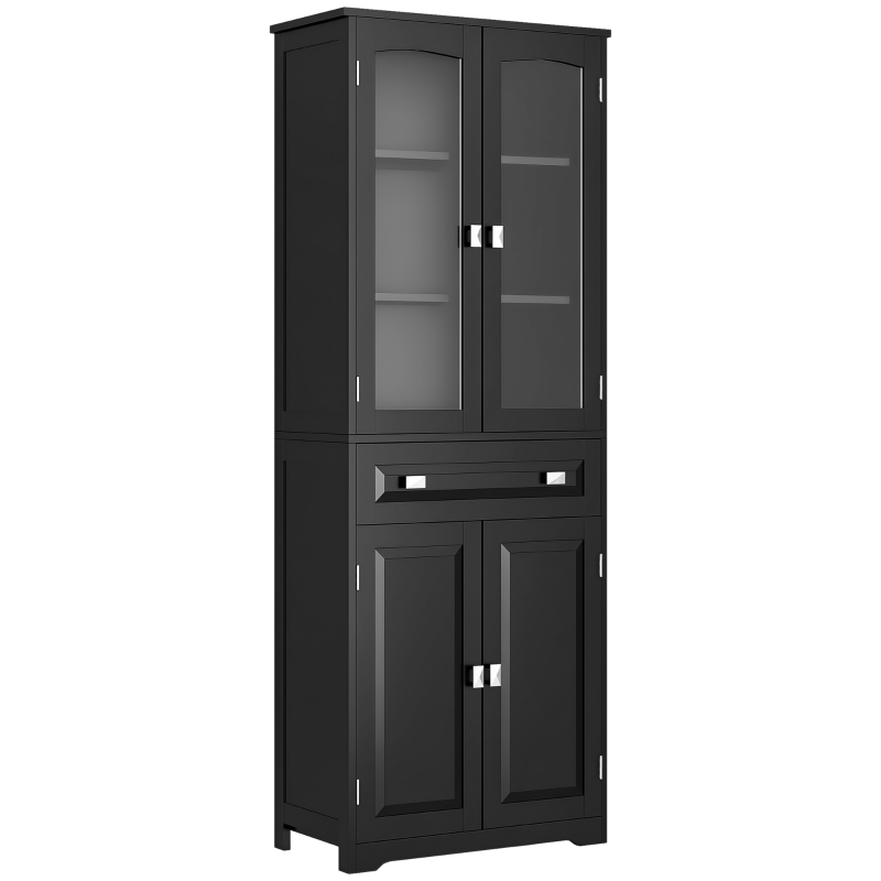 HOMCOM Buffet haut armoire de cuisine 4 portes dont 2 portes vitrées et 1 tiroir hauteur 160 cm avec étagères en bois noir
