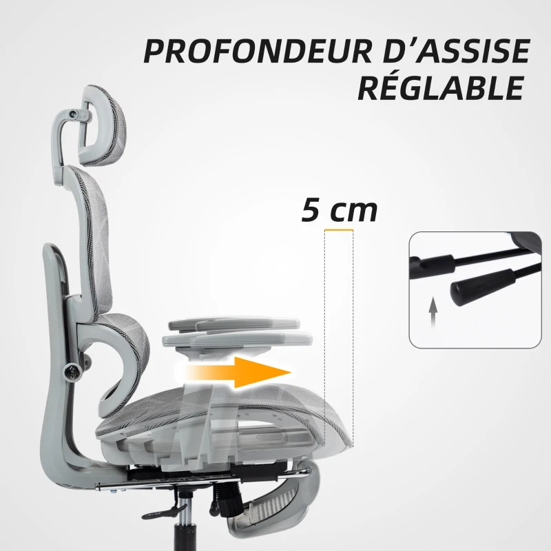 HOMCOM Fauteuil de bureau, chaise de bureau ergonomique en maille avec accoudoirs 3D, dossier inclinable, 66x64x122 cm, gris