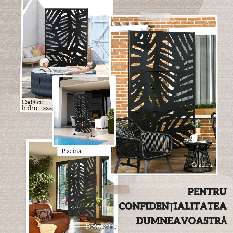 Outsunny Paravan vertical cu 3 panouri din oțel, model tropical, 122x45x198 cm, negru