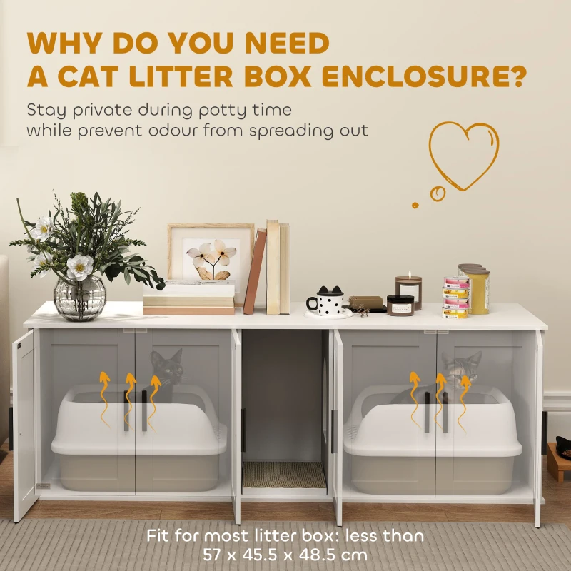 PawHut Cat Litter Box Enclosure, Hidden Kitty Litter Box with Scratching Board, 2 Cabinets, Cat House End Side Table TV Stand for 2 Cats, White