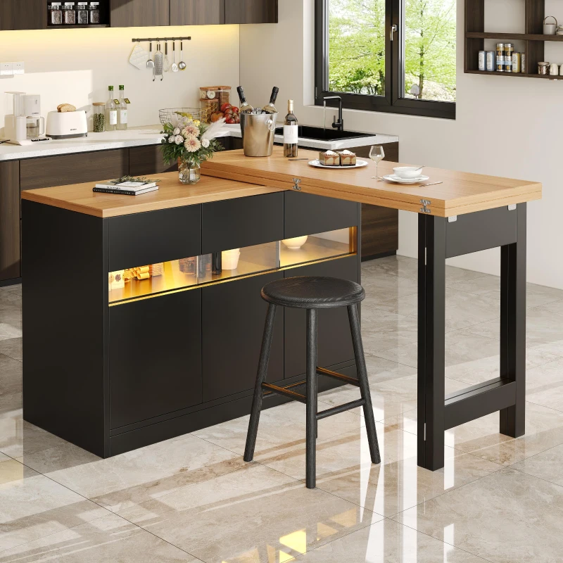 Extendable Bar Table with App-Controlled LED Lighting, Modern Kitchen Island with 360° Swivel Function, 120-180L x 40W x 71.5H cm, Black