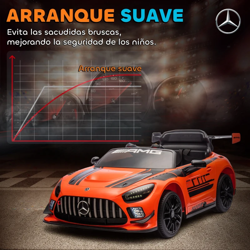 AIYAPLAY Coche Eléctrico para Niños Mercedes-AMG GT3 Evo con Mando a Distancia Motor Doble Ruedas Auxiliares Asa Música Naranja