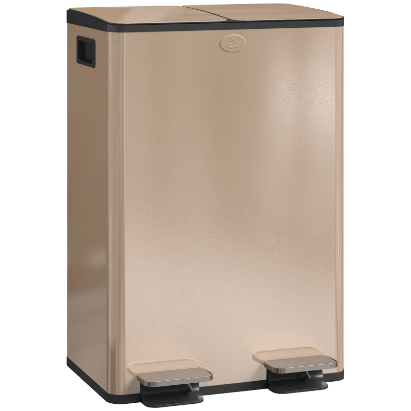 HOMCOM Coș de bucătărie 2 compartimente de 2 x 28 l, oțel inoxidabil, capac cu închidere silențioasă, 45,8x36x67,6cm, auriu