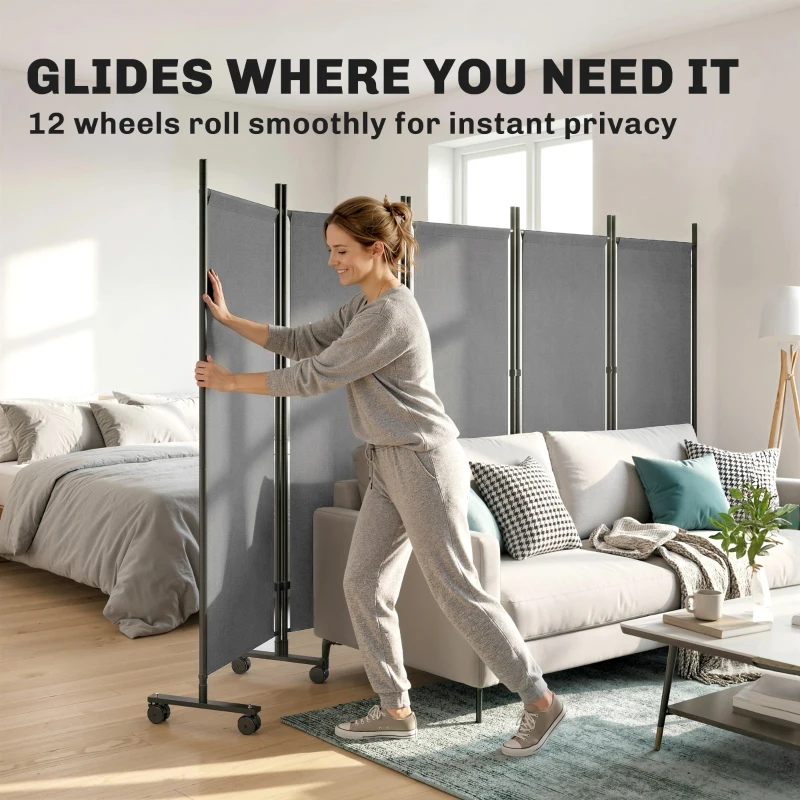 Outsunny Kamerscherm 5-delig 252 x 40 cm Vrijstaand Paravent met 12 Wielen Opvouwbaar DIY Donkergrijs