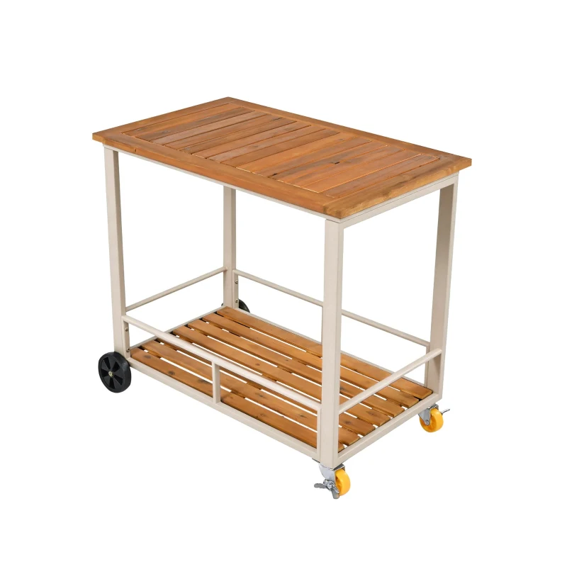 Set tavolo e sedie da pranzo per giardino 6-7 posti, mobili da giardino con poltrone e carrello portavivande rimovibile, Beige+Colore naturale