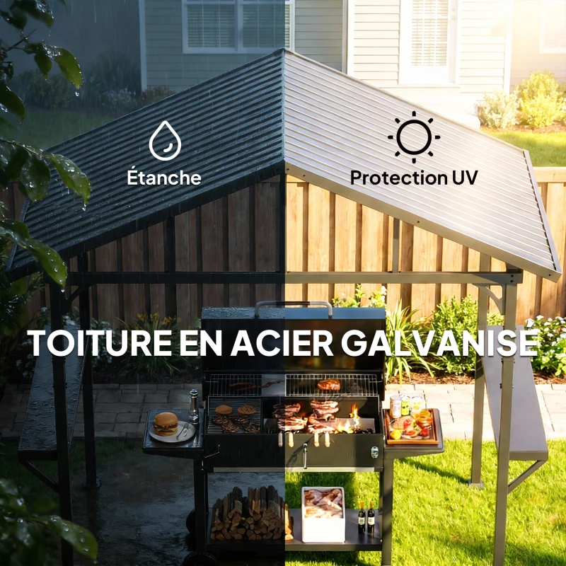 Outsunny Abri pour Barbecue, tonnelle de jardin en Acier avec 2 Étagères Latérales et Crochets, 252 x 156 x 248 cm, Noir