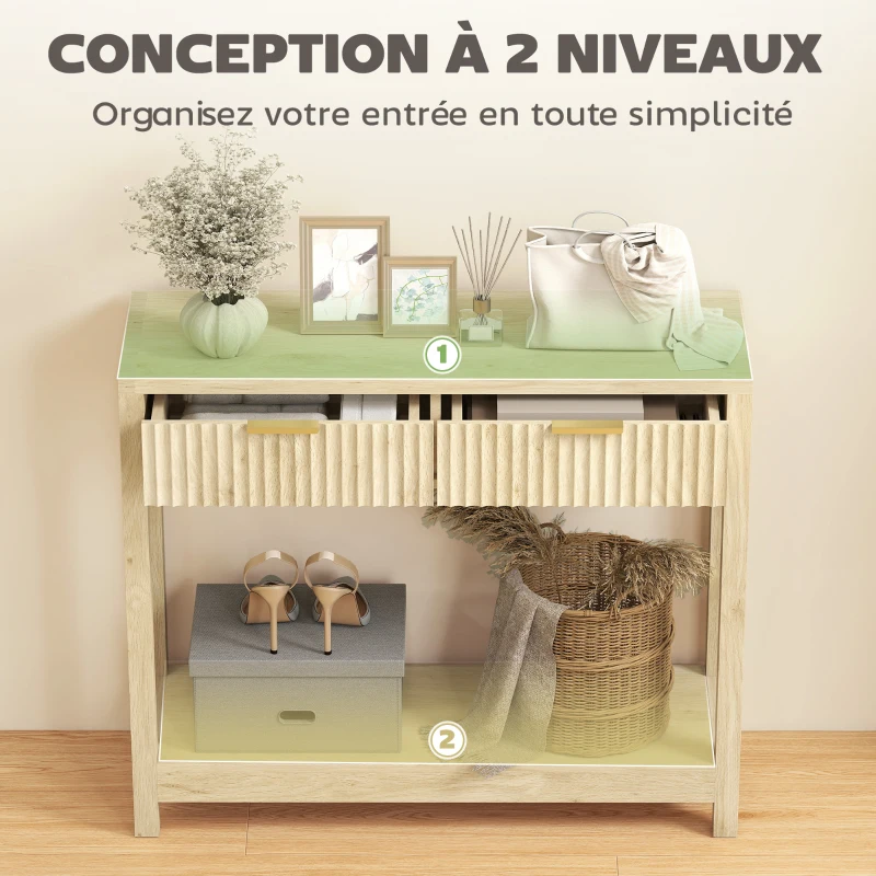HOMCOM Console meuble 90 cm, table console étroite avec 2 tiroirs rainurés et étagère, style moderne, bois naturel