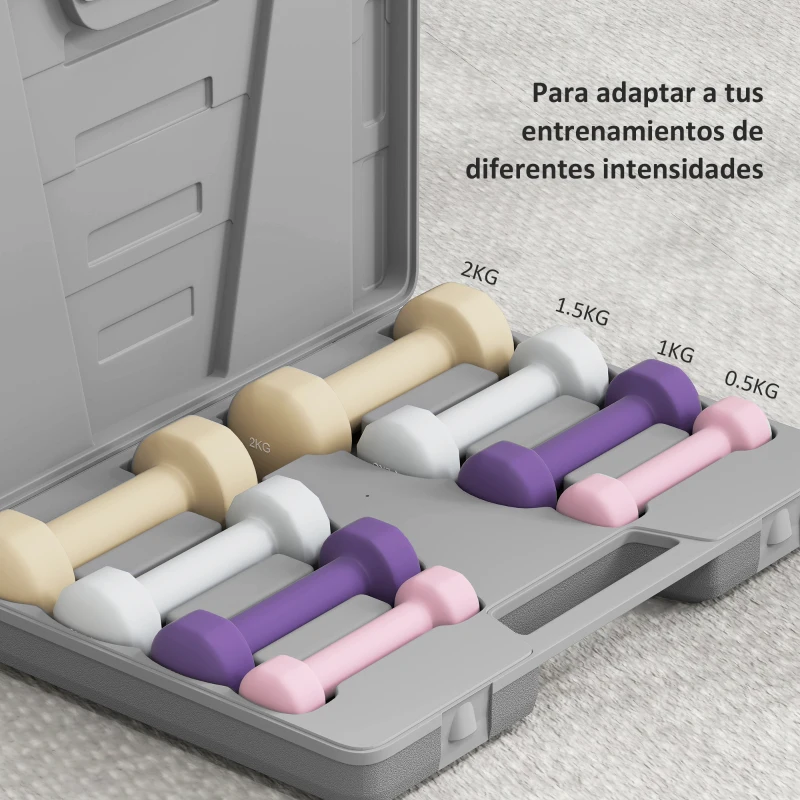 HOMCOM Juego de Mancuernas de 8 Piezas 2x0,5 kg 2x1 kg 2x1,5 kg 2x2 kg Antideslizantes y Estuche de Transporte Multicolor