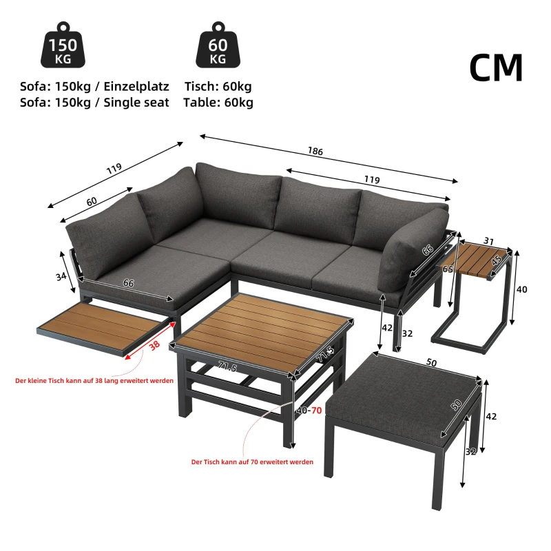 4-5 Seater Outdoor Furniture Set with Extendable Lift-Top Coffee Table, Versatile Outdoor Sofa Set for Patio, 224L x 56W x 65H cm, Gray