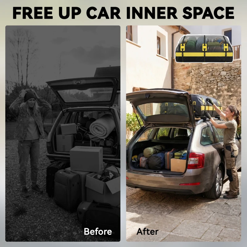 Outsunny Car Roof Bag, 21 Cubic Feet Waterproof Soft Car Roof Box Roofing Cargo Carrier w/ Reflective Arrows, Door Hooks, Yellow