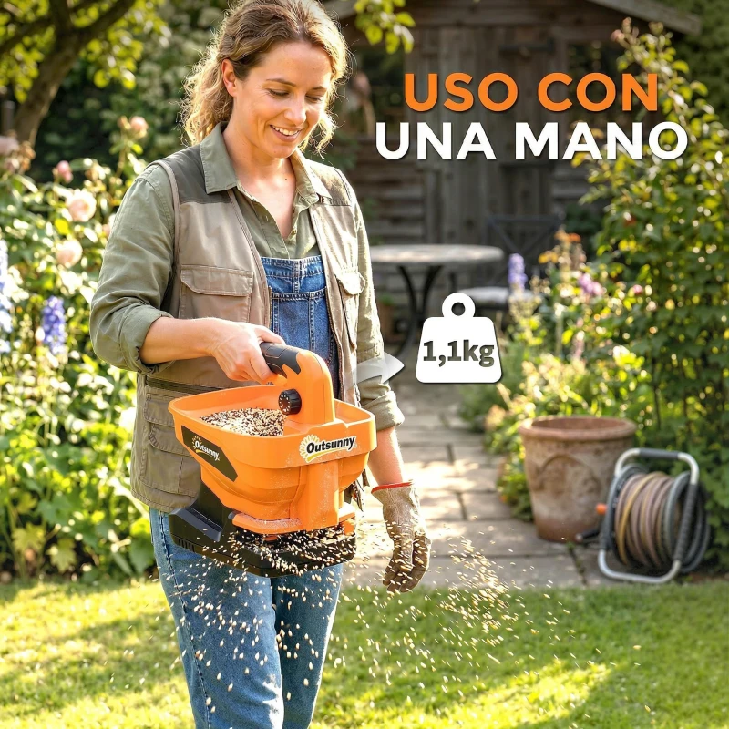 Outsunny Esparcidor Portátil 3,3 L 8 Niveles de Flujo Ancho Dispersión Ajustable Puerto USB para Césped Sal hasta 800 m² Naranja