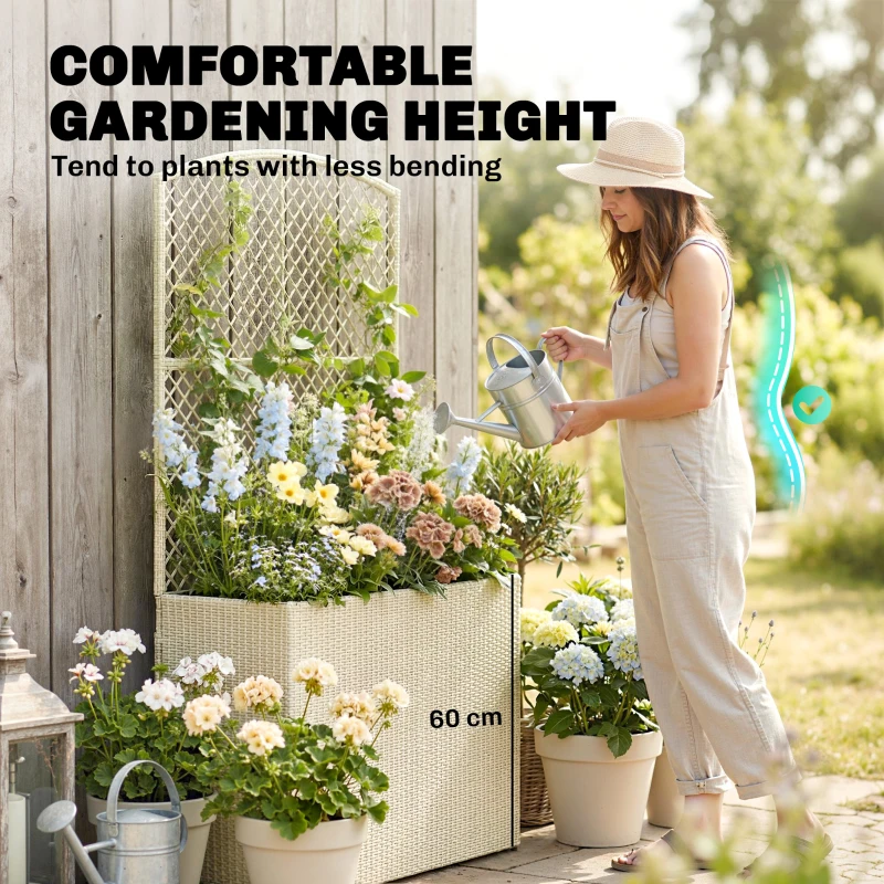 Outsunny Podwyższona grządka z kratką w stylu rattanu donica na rośliny pnące do ogrodu, na balkon, 80 x 30 x 163 cm, beżowa