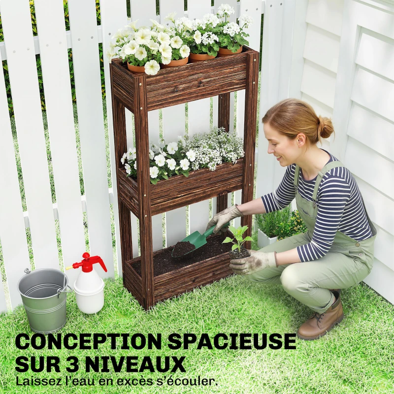 Outsunny Bac à Plantes Surélevé Jardinière sur Pieds 3 Niveaux Trous de Drainage et Doublure 60 x 25 x 120 cm, Marron
