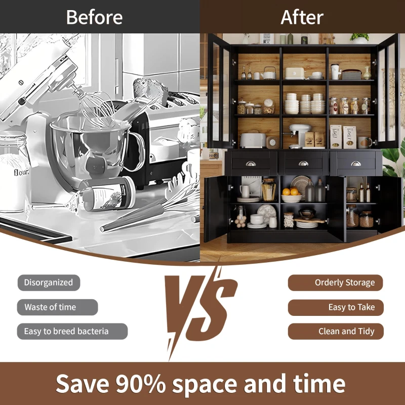 Freestanding Display Cabinet with Adjustable Shelves & Soft-Close Hinges, Tall Sideboard for Living Area, 140L x 38.5W x 175H cm, Black