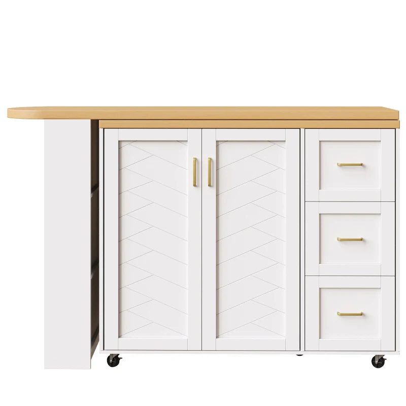 Multifunctional Kitchen Island for Dining & Living Areas, Extendable Bar Cart with 2 Doors & 3 Drawers, 135-228L x 39W x 104H cm, White