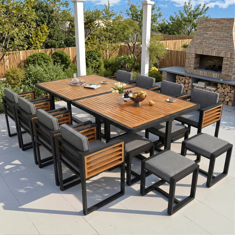 Modern 14-Piece Garden Dining Set with Stackable Chairs, Outdoor Patio Furniture Set with Sturdy Metal Frame, 113L x 113W x 76H cm, Gray