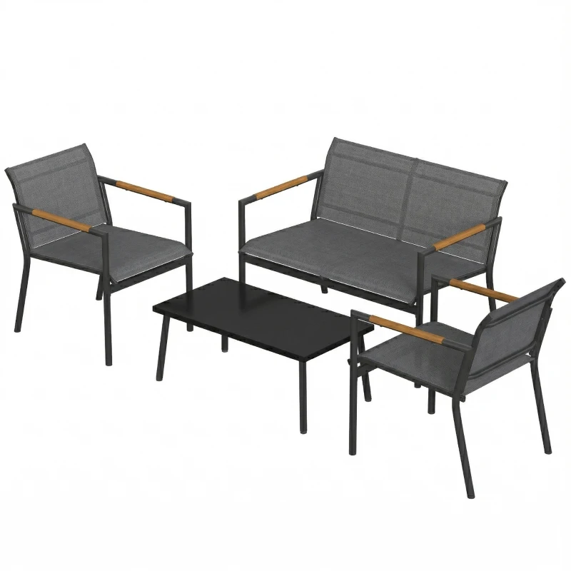 Outsunny 4 Seater Garden Furniture Set with Loveseat, Armchairs, Table, Metal Garden Sofa Set with Breathable Seats, Grey