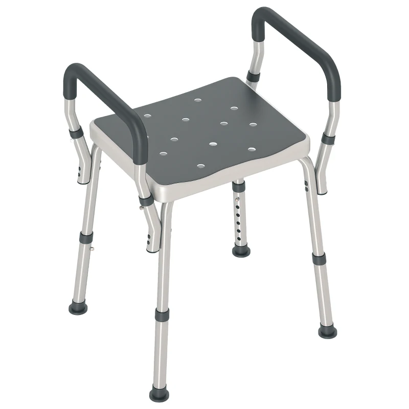 HOMCOM Sgabello per Doccia Regolabile con Braccioli e Fori di Drenaggio in Alluminio, 52x45x57-69 cm, Grigio