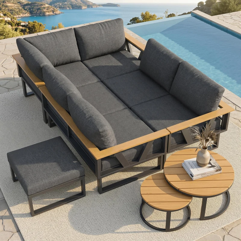 Stylish Modular Garden Sofa Set with Washable 9 cm Cushions, Versatile Garden Furniture Set for 6-7 Seater, 177L x 177W x 79H cm, Gray