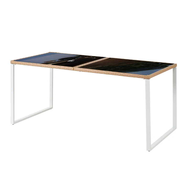 Set da pranzo in polyrattan per 6 persone, piano in vetro temperato, rivestimenti sfoderabili e lavabili, Marrone+Bianco