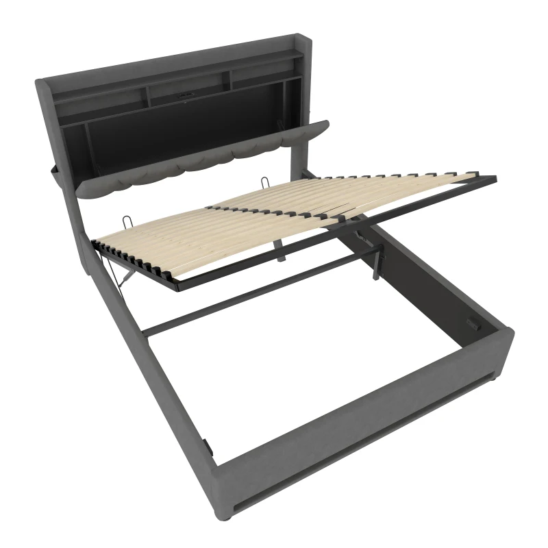 Padded Storage Bed Frame with LED Lighting and USB‑C Charging, Hydraulic Bed with Hidden Storage, 143L x 211W x 116.5H cm, Dark Gray