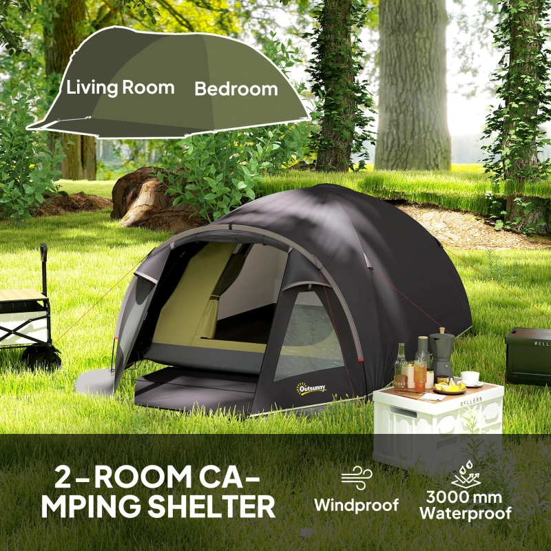 Outsunny Camping Tent for 2 Person, 3000mm Waterproof UPF50+ Family Tent with 2 Rooms, Sewn-in Groundsheet and Hook, Portable and Lightweight with Carry Bag for Fishing Hiking Festival, Black