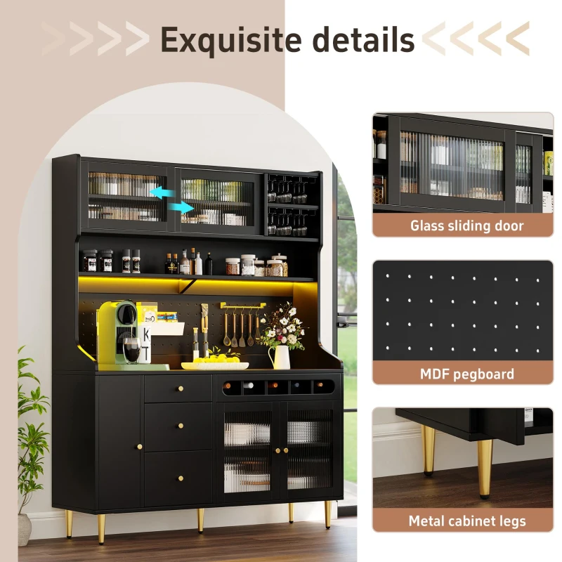 Modern Highboard with LED Lighting & Adjustable Shelves, Freestanding Cabinet with Pull-Out Wine Rack, 145L x 39W x 171H cm, Black