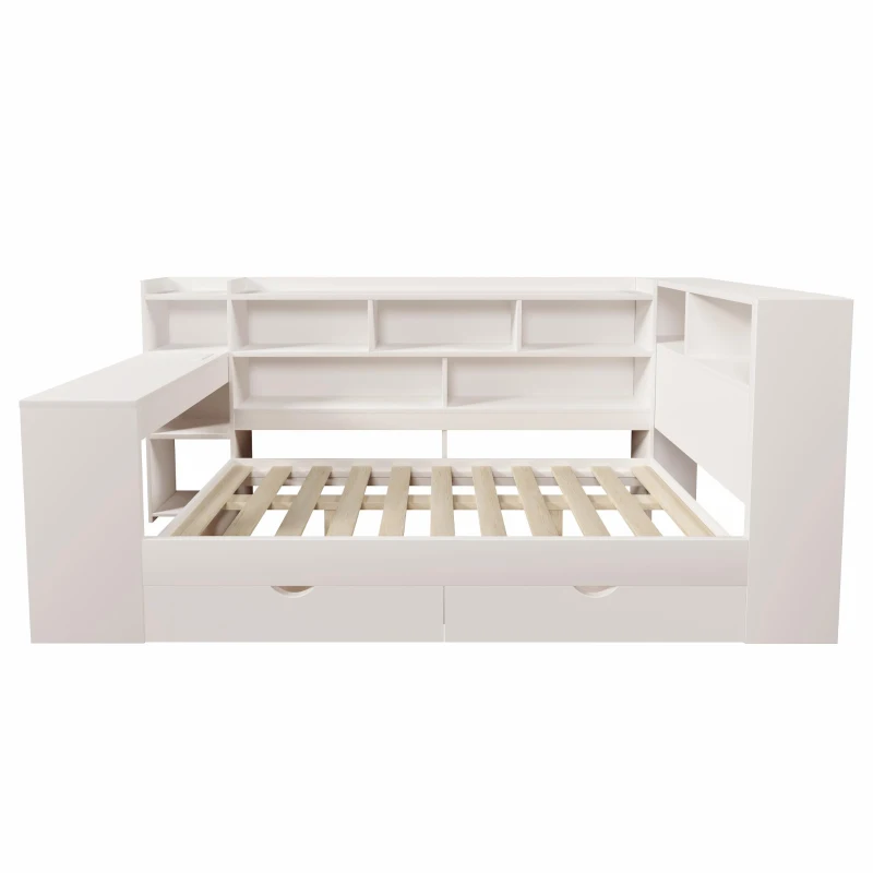 Multi-Functional Single Daybed with Bookcase & Computer Desk, Space-Saving Bed Frame with Ergonomic Desk, 63L x 114W x 100H cm, White