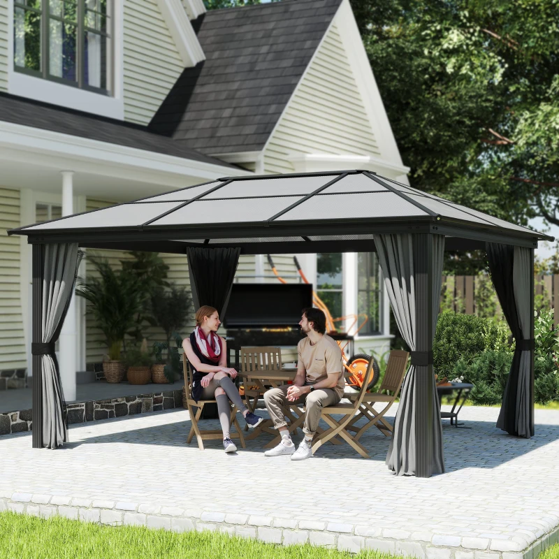 Outsunny 3.6 x 4m Hardtop Gazebo Canopy with Polycarbonate Roof, Aluminium Frame, Permanent Pavilion Garden Gazebo with Netting and Curtains for Patio, Deck, Dark Grey