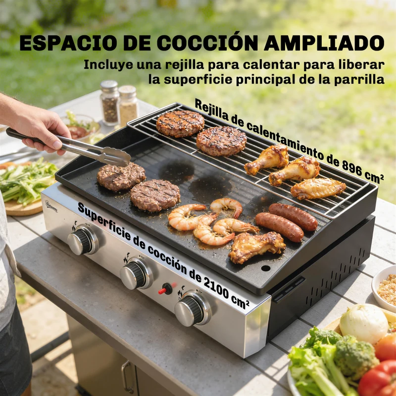 Outsunny Barbacoa de Gas con 3 Quemadores 7,5 kW Barbacoa Portátil con Plancha Rejilla Calentadora y Recogedor Grasa Negro