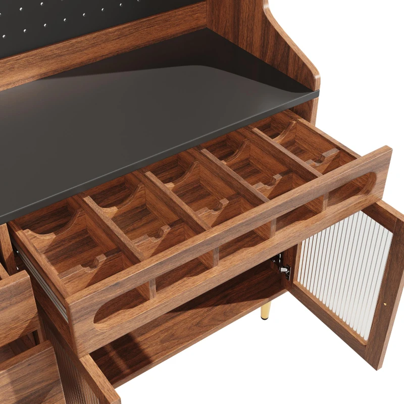 Stylish Highboard with LED Lighting & App Control, Freestanding Storage Cabinet with Adjustable Shelves, 145L x 39W x 171H cm, Walnut