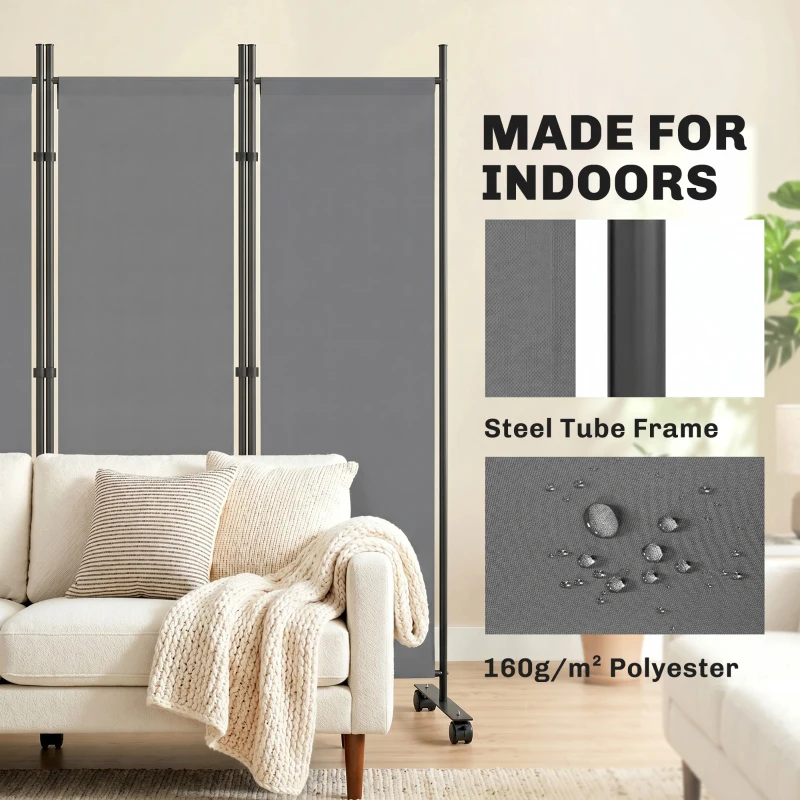 Outsunny Kamerscherm 5-delig 252 x 40 cm Vrijstaand Paravent met 12 Wielen Opvouwbaar DIY Donkergrijs