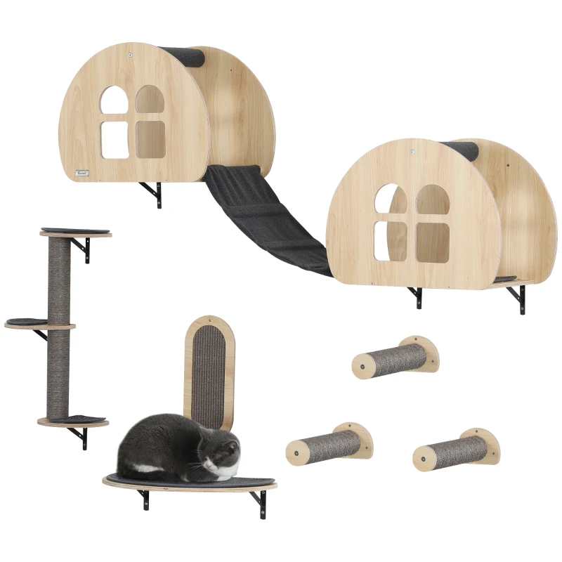PawHut Cat Wall Shelves, 7 Piece Cat Shelf Set with Dual Condo with Ladder, Jumping Platform, Perch, Sisal Scratching Posts & Board, Kitty Playground Activity Centre, Oak
