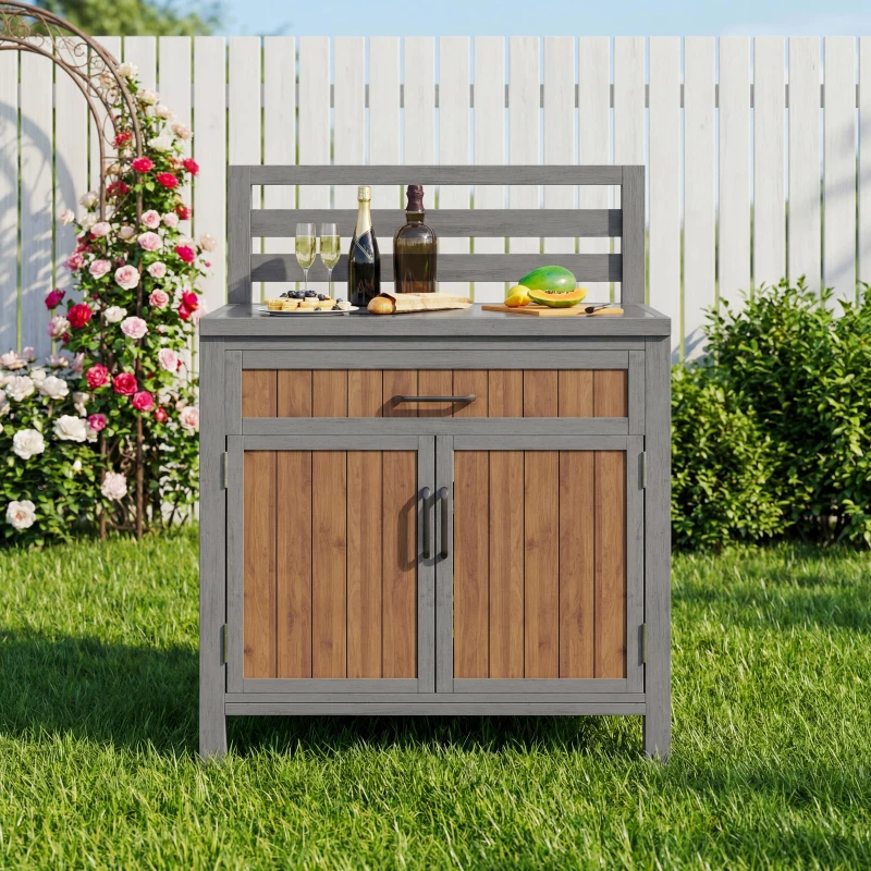 Solid Fir Wood Garden Storage Cabinet with Large Work Surface, Weather-Resistant Grill Station for Outdoor Use, 80L x 51W x 119H cm, Natural