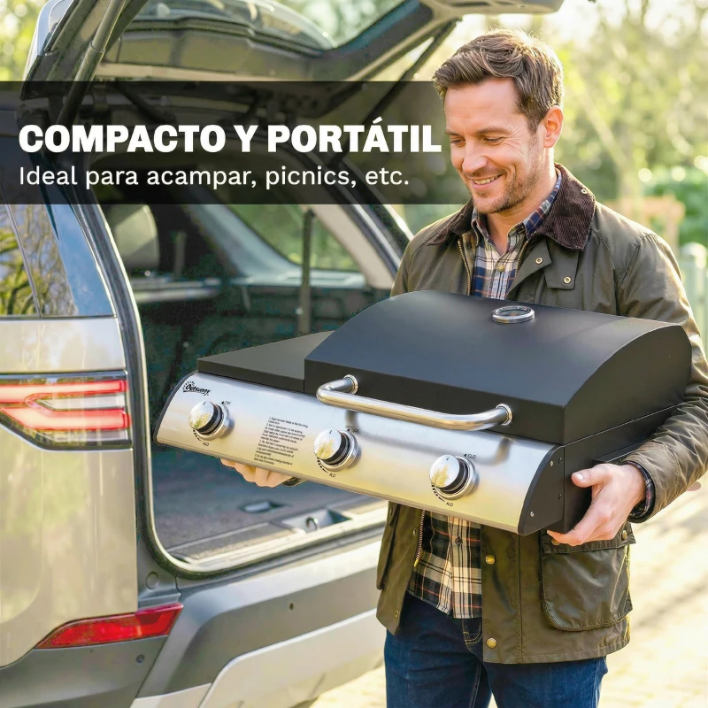 Outsunny Barbacoa de Gas BBQ Gas con 3 Quemadores 7,5 kW con Parrilla Plancha Estante Lateral Convertible Termómetro Negro