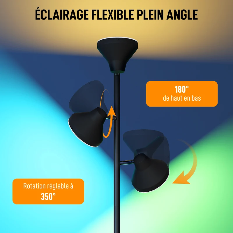 HOMCOM Lampadaire LED lampadaires sur pied salon dimmable 2700K-6000K 4150 lm 3 têtes rotatives Ø 25 x 170 cm noir