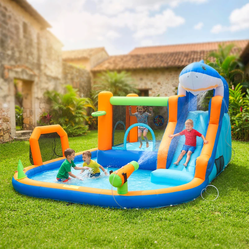 AIYAPLAY Inflatable Bouncy Castle for Kids, Sharks Theme Jumping Bounce House with Slide, Climbing Wall for Indoor Outdoor