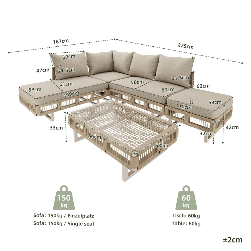 Rope-Woven Garden Sofa Set with 10 cm Thick Cushions, Versatile Garden Lounge Set with Splash-Proof Fabric, 225L × 167W × 62H cm, Beige