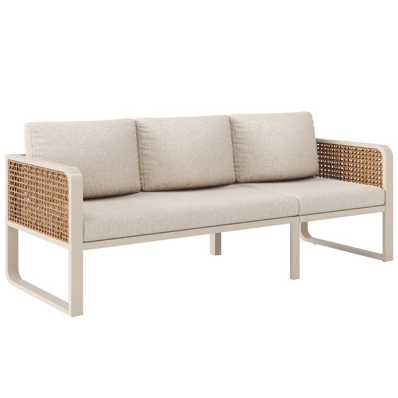 Modular Garden Lounge Set with Thick Elastic Foam Cushions, Versatile Garden Sofa Set with Glass Side Table, 178L x 61W x 76H cm, Beige