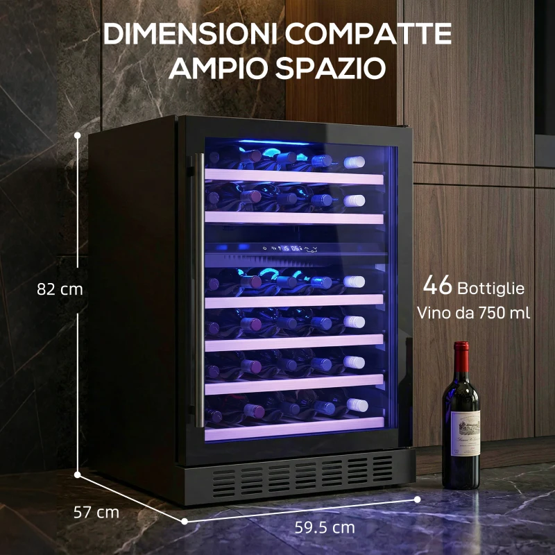 HOMCOM Cantinetta Vino Doppia Temperatura 5–18 °C 46 Bottiglie 131L con Porta in Vetro Temperato Triplo, Nero